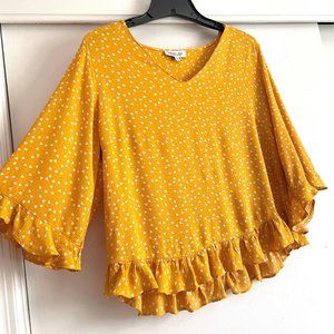 Rachel Zoe Ruffle Swing Top Size M Yellow Heart Print Bell Sleeve V Neck Blouse